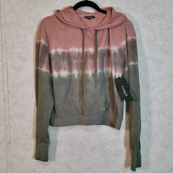 NWT Bebe Sport PO Crop Hoodie in Vintage Olive/Rose,Kangaroo Pocket Size Large - Picture 1 of 7